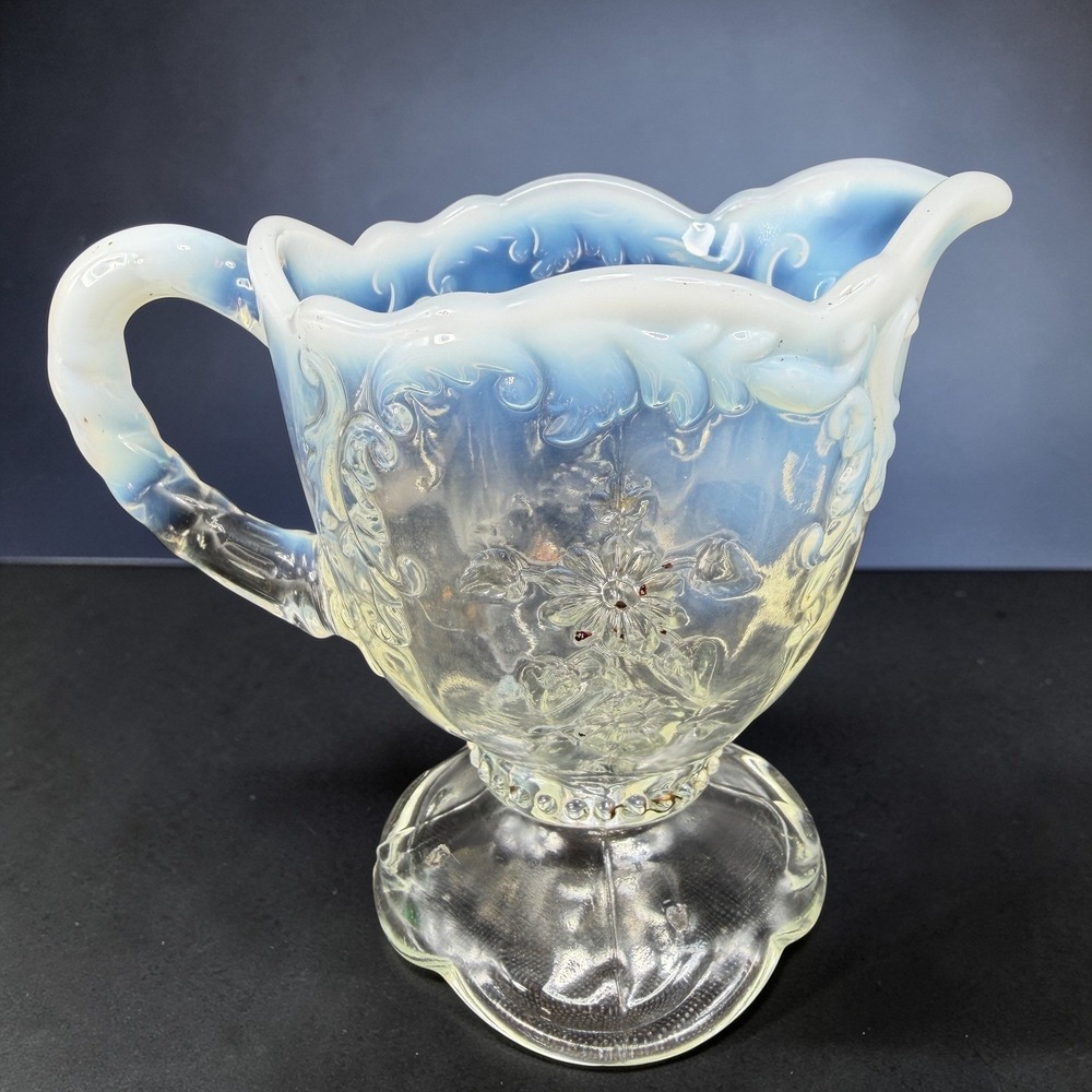 EAPG Northwood Intaglio Blue Opalescent Glass Creamer Antique Victorian Floral
